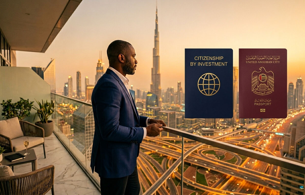 Second passport and UAE residency documents on desk, citizenship by investment strategy for Nigerian professionals seeking lawful residency