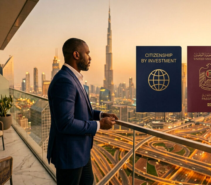 Second passport and UAE residency documents on desk, citizenship by investment strategy for Nigerian professionals seeking lawful residency