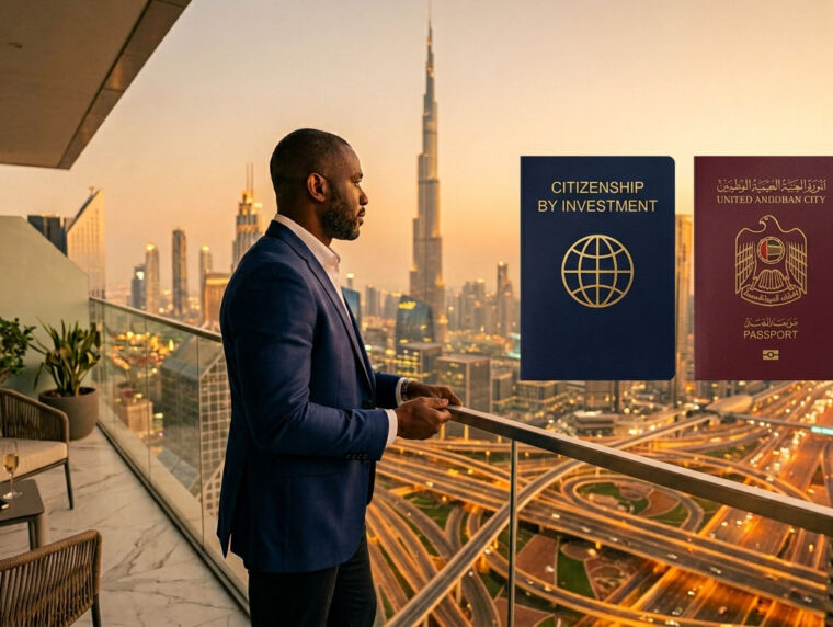 Second passport and UAE residency documents on desk, citizenship by investment strategy for Nigerian professionals seeking lawful residency