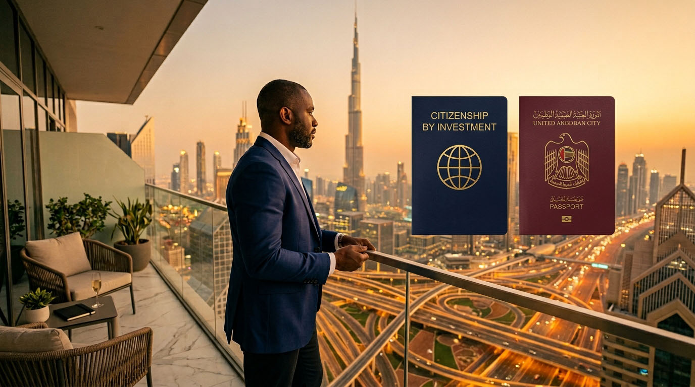 Second passport and UAE residency documents on desk, citizenship by investment strategy for Nigerian professionals seeking lawful residency