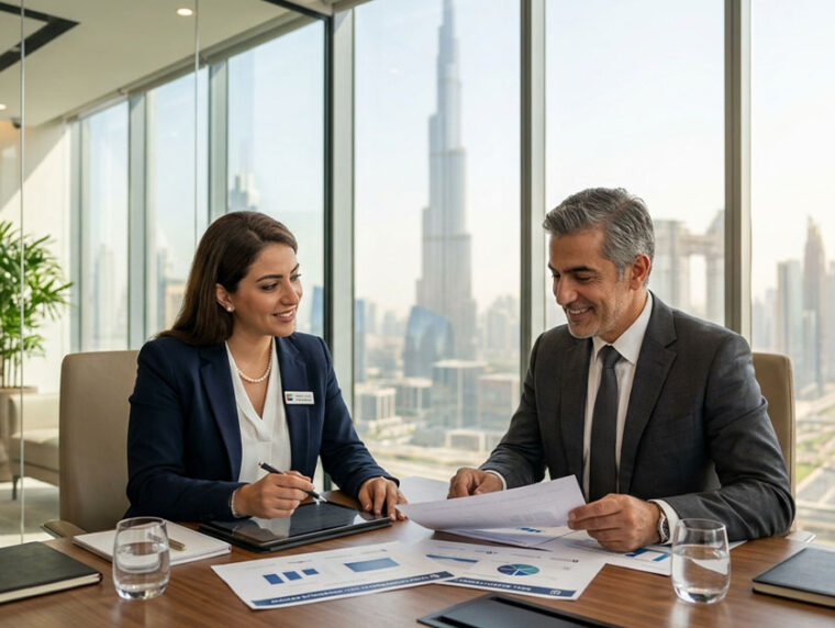 UAE Golden Visa 2026 investor consultation with property documents, compliance checklist, and second passport planning for global mobility