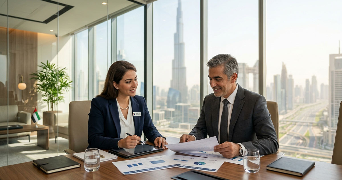 UAE Golden Visa 2026 investor consultation with property documents, compliance checklist, and second passport planning for global mobility